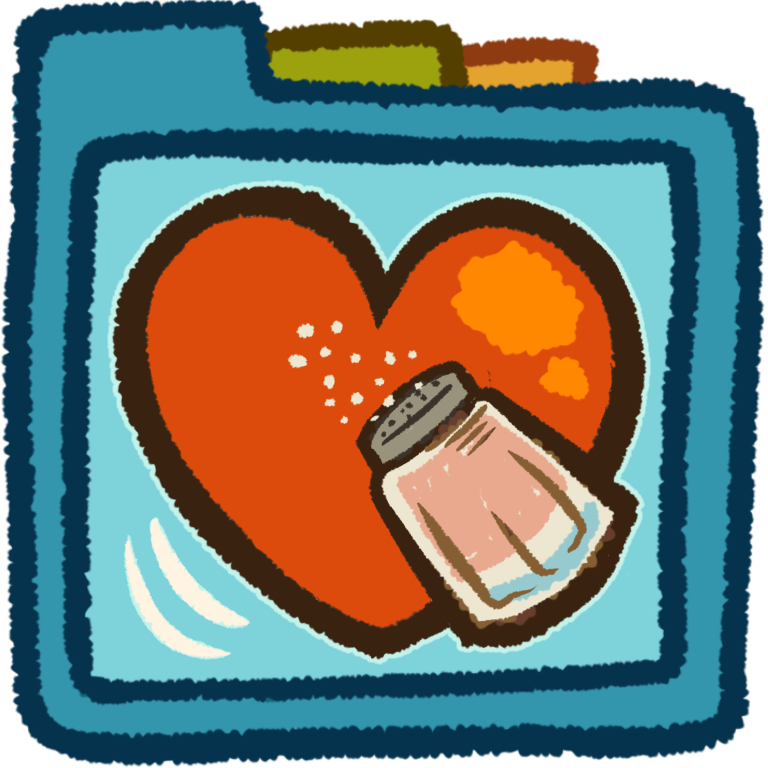 a salt shaker in front of a heart. It's inside a teal folder that has green and orange folder tabs behind it.
